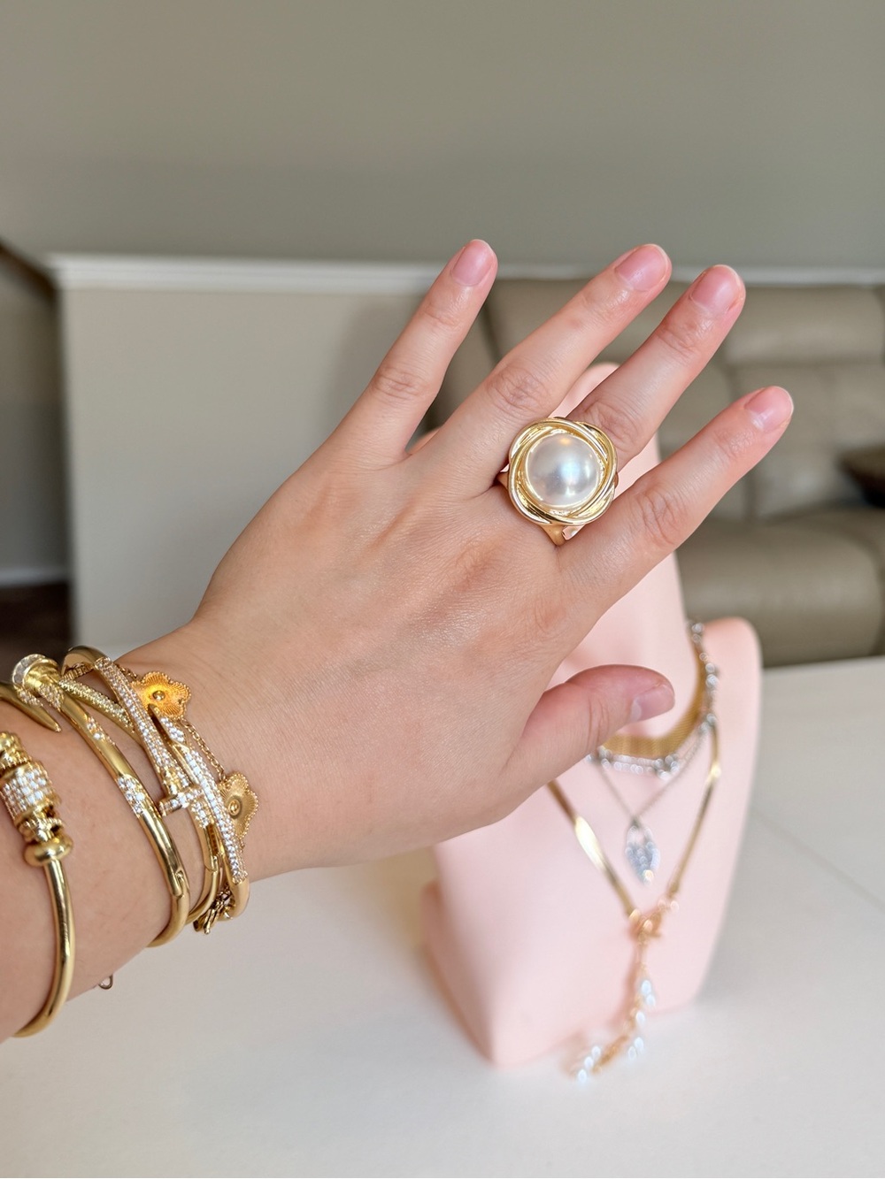 Anthropologie Gold Pearl Cocktail Ring